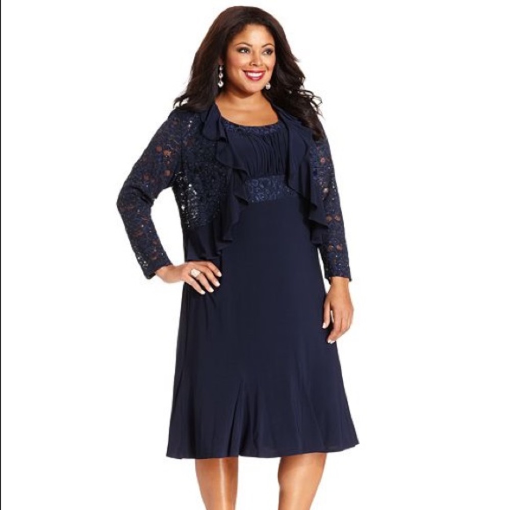 R&M Richards Navy Midi Dress with Lace Jacket